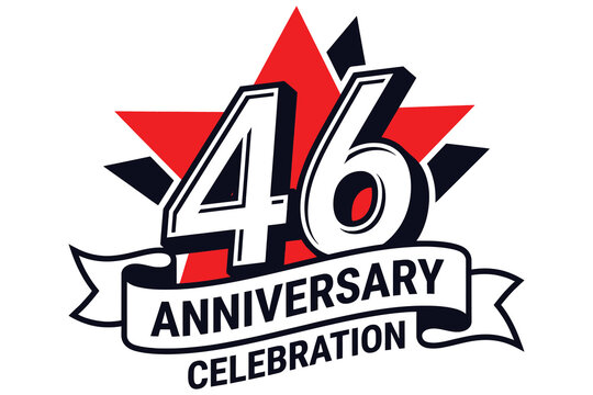 Celebratory 46th anniversary logo featuring bold red maple leaf design with white and navy ribbon celebrating milestone achievements in vibrant graphic style