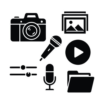 Multimedia creation icons camera microphone and video play button