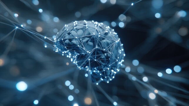 Digital representation of human cerebrum structure overlaid with glowing connection points