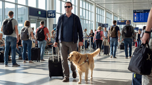 Blind traveler walks through busy airport terminal with guide dog suitcase mobility confidence inclusive travel independence accessible transportation service campaign tourism support promotion