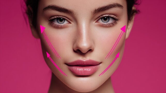 Young woman gazes directly at viewer with calm, confident expression. Pink arrows highlight facial contours, suggesting skin tightening or contouring. Soft lighting enhances smooth skin