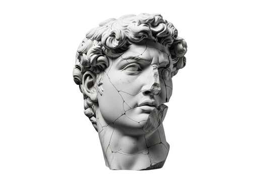 Fragmented classical white marble male bust in stark profile, heavily cracked with a void on the right side, sharp focus against pure studio background with chiaroscuro, concept of time and artistic