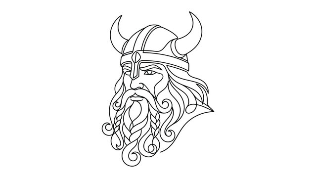 Minimalist Continuous Line Art of Viking Warrior Head with Flowing Beard and Horned Helmet, Nordic Inspired Illustration
