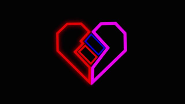 Abstract Geometric Neon Heart Icon With Interlocking Lines On Black Background  Modern Two Tone Love Partnership Symbol For Valentine's Day Dating And Relationship Branding.