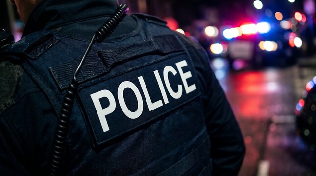 A police officer stands with emergency lights flashing in the blurred background. Concept for law enforcement, public safety, and urban security