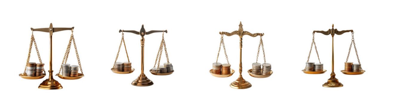 Antique gold scales with stacks of coins for financial comparison as isolated on transparent background