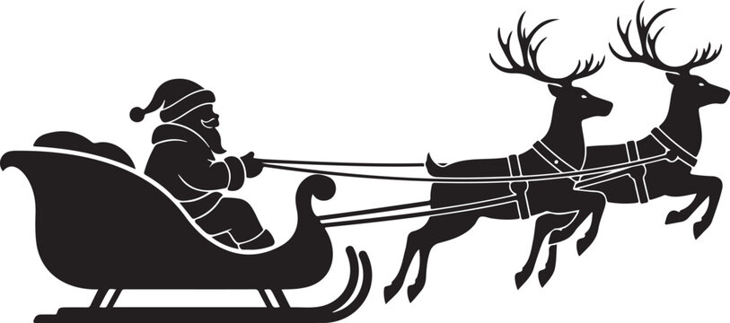 Santa Claus rides in a sleigh in harness on the reindeer