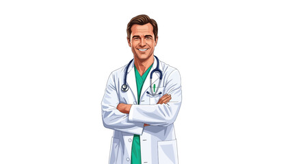 A smiling doctor in a white lab coat stands confidently with arms crossed. © ANTONW_