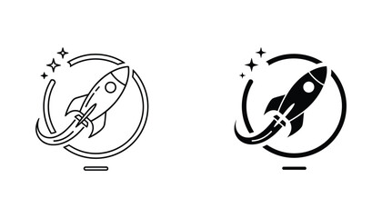 Rocket ship launch icon set with stellar accents in line art and solid black silhouette styles for innovation and startup branding isolated on white background © Creative Assets