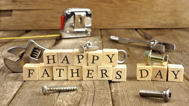 Happy Fathers Day blocks with tools on a rustic wood background. Stop motion loopable video.