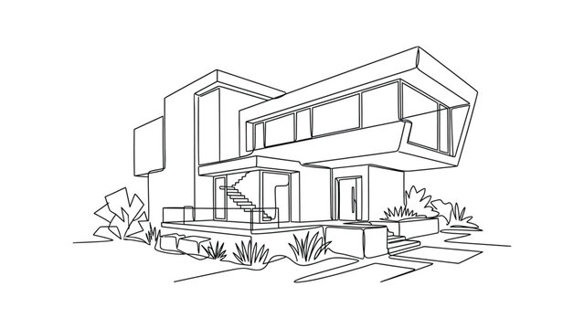 Modern Minimalist House Continuous Line Art with Clean Architectural Perspective, Elegant Single Line Home Illustration