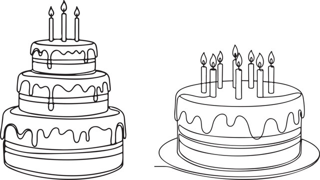 Continuous one line drawing of birthday cake with candles. Symbol of sweet celebration torte and pastry confectionery icon concept in simple linear style.