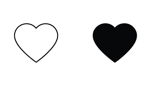 Minimalist heart shape vector illustration displaying both outline and solid black icon styles for romantic design projects and love themed graphics