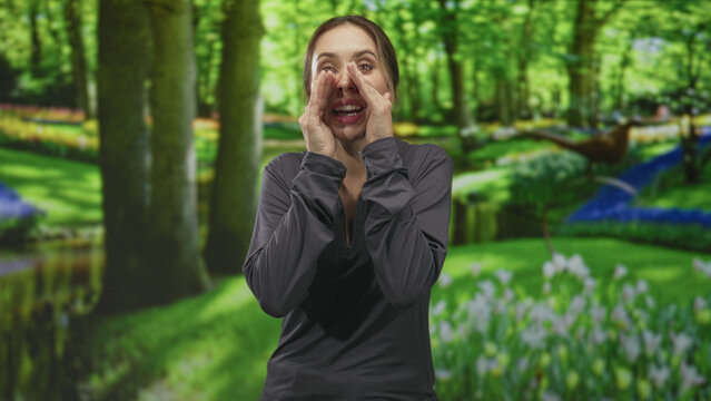 Beautiful hispanic woman cupping hands around mouth shouting in green forest park by pond and flowerbed, wearing dark long sleeve top; urgent call.
