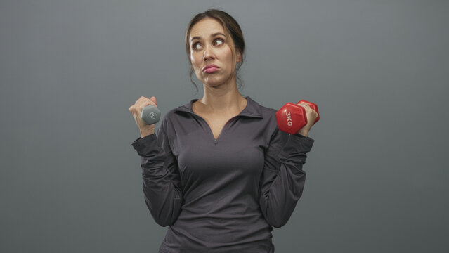Woman raises dumbbell with hands at shoulders, holding a red 3kg and grey 1kg weight while wearing dark long sleeve top in studio; exercise doubt wry frustration.