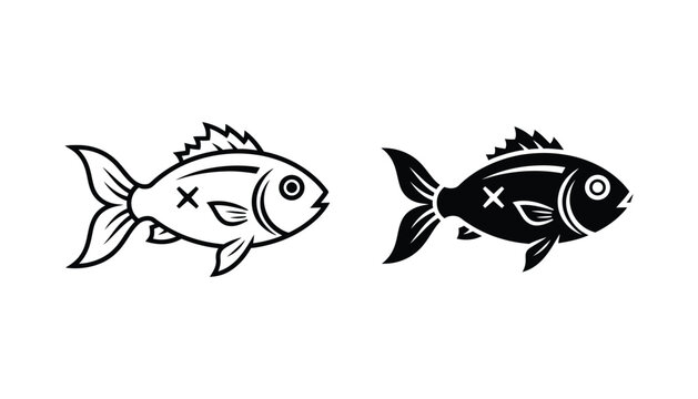 Dead fish with cross eyes silhouette vector icon set for environmental pollution and aquatic life concepts