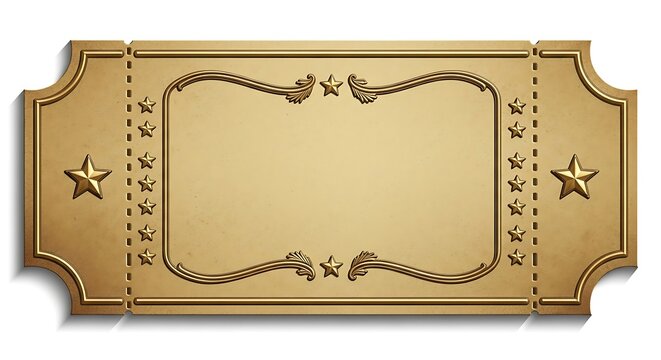 gold ticket stub with stars and decorative border