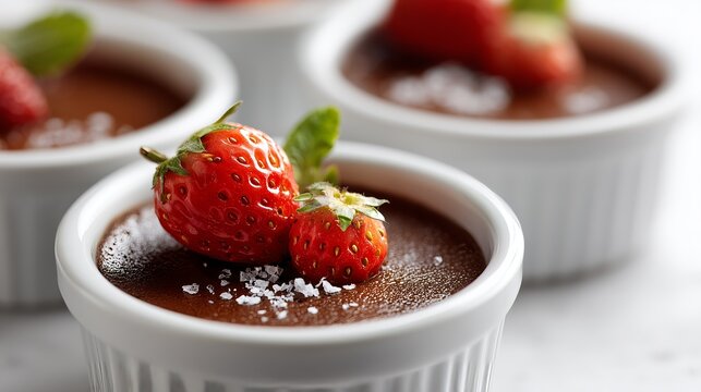 Close-up of chocolate desserts in ramekins garnished with fresh strawberries and sea salt for a gourmet presentation.