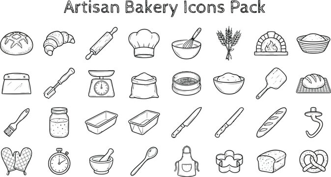 Artisan bakery icons pack offers diverse baking tools, ingredients, and bread shapes for food design projects.