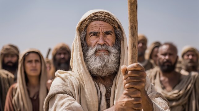 A tense recollection scene of Moses describing the golden calf incident with severe expression, gripping his staff as the people listen in shame under harsh midday light.
