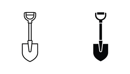Garden shovel tool icon set in outline and solid black styles for landscaping and construction design projects © Creative Assets