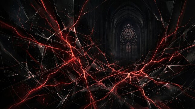 Dark Abstract Red Energy Cracks in Ancient Gothic Hallway