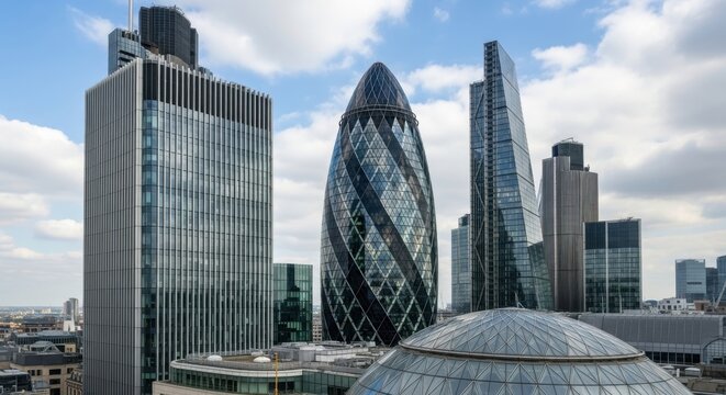 London City Skyline with Iconic Gherkin Building and Modern Skyscrapers