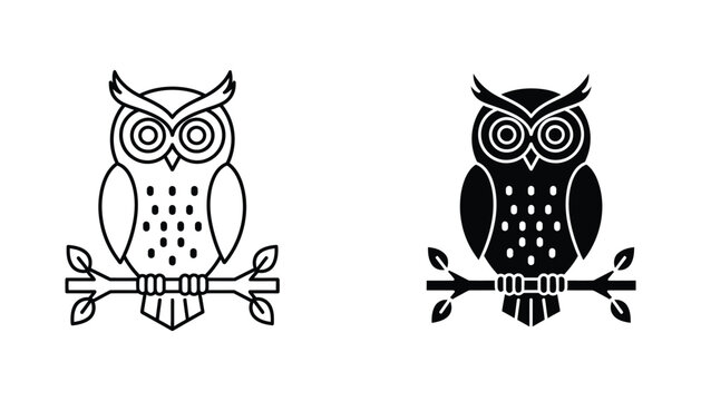 Wise owl perched on a branch icon set in line art and solid black styles for educational and academic graphic design assets