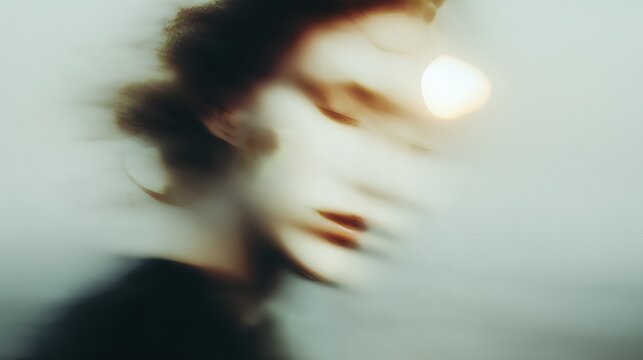 Blurred artistic portrait capturing emotional ambiguity with a warm light effect, evoking a sense of mystery and depth.