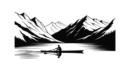 rower on calm lake with mountain backdrop silhouette high quality professional detailed modern elegant stylish clean crisp vibrant colorful digital creative © Creativekhairul02
