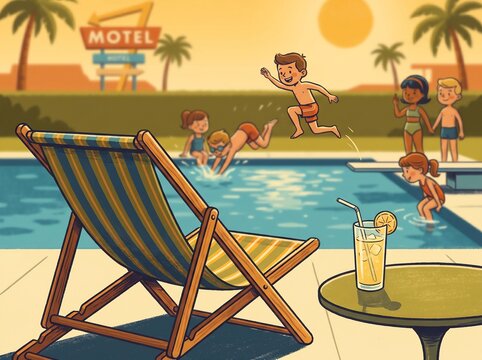 Retro Cartoon of Children Playing in a Motel Swimming Pool