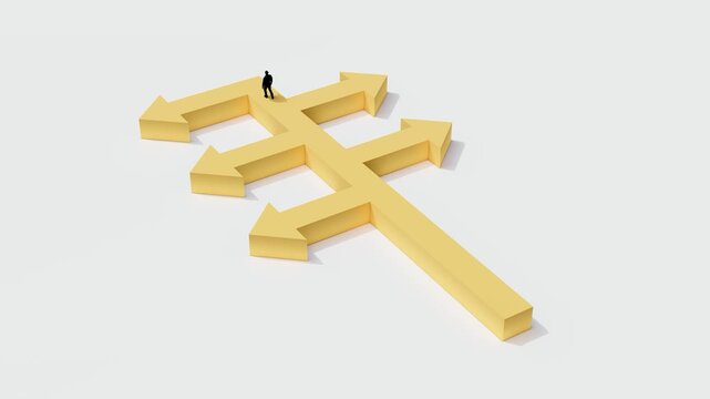 concept of multiple direction arrows showing decision making and strategic choices in business, career planning, leadership, and navigating different paths toward success