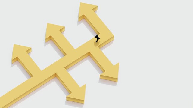 concept of multiple direction arrows showing decision making and strategic choices in business, career planning, leadership, and navigating different paths toward success