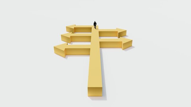 concept of multiple direction arrows showing decision making and strategic choices in business, career planning, leadership, and navigating different paths toward success