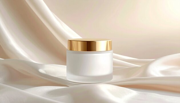 Mockup tarro de crema cosm&eacute;tica de vidrio esmerilado con tapa dorada sobre seda, fondo neutro e iluminaci&oacute;n suave, estilo minimalista