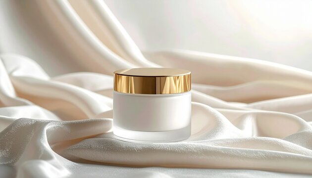 Mockup tarro de crema cosm&eacute;tica de vidrio esmerilado con tapa dorada sobre seda, fondo neutro e iluminaci&oacute;n suave, estilo minimalista