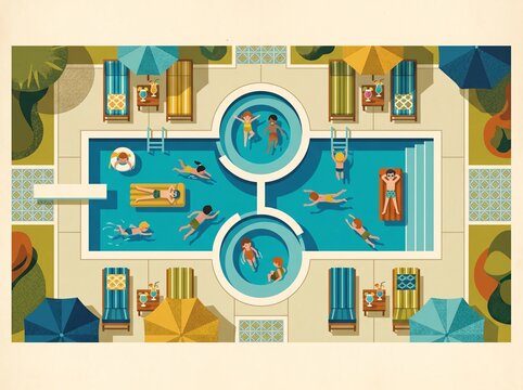 Overhead Illustration of People Relaxing at a Summer Resort Pool