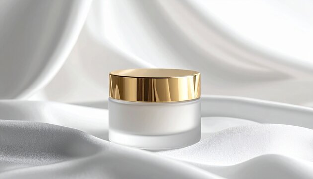 Mockup tarro de crema cosm&eacute;tica de vidrio esmerilado con tapa dorada sobre seda, fondo neutro e iluminaci&oacute;n suave, estilo minimalista