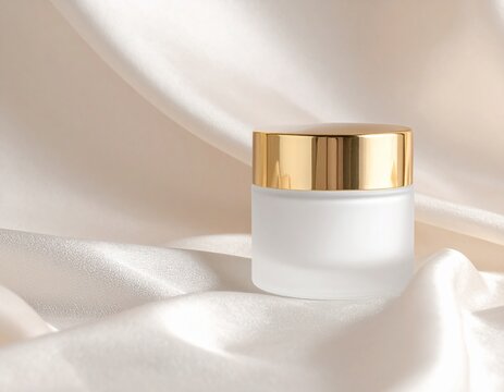 Mockup tarro de crema cosm&eacute;tica de vidrio esmerilado con tapa dorada sobre seda, fondo neutro e iluminaci&oacute;n suave, estilo minimalista