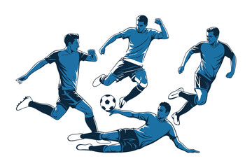 Obraz premium Set of soccer players in action poses, dynamic football players in blue uniforms