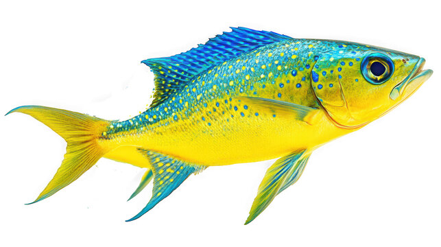 Yellow and blue tropical fish with detailed scales and fins swimming isolated on transparent background