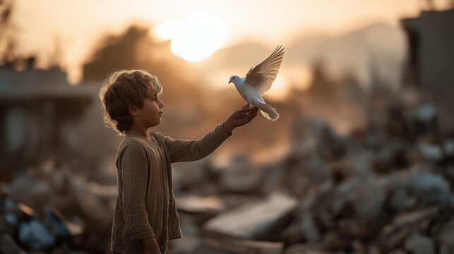 Documentary-style child releasing white dove in destroyed school ruins symbolizing peace, hope and healing after conflict.