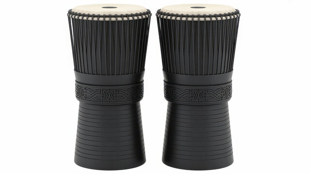 Two black wooden drums with carved tribal patterns and white drumheads on white background