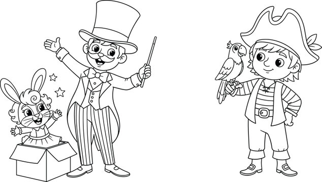 Black and white cartoon magician with rabbit in box and pirate with parrot, playful line drawing for kids coloring