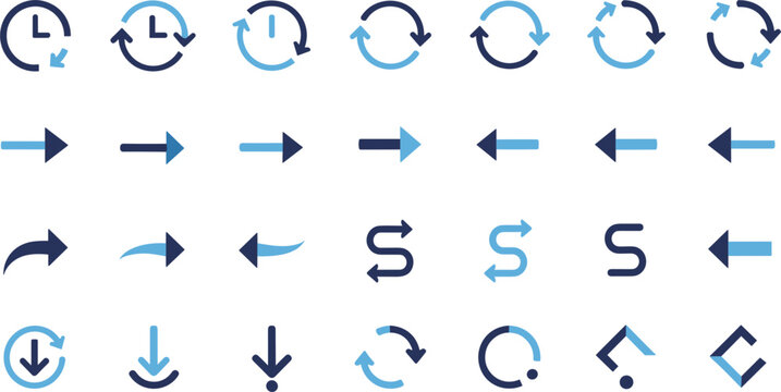 Blue Arrow and Circular Direction Refresh Rotation Icon Collection Set Flat Design Vector Illustration