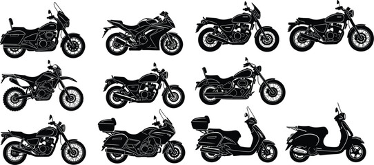    Collection of motorcycle and scooter silhouette icons showcasing diverse vehicle styles including sport, cruiser, touring, dirt bike, and classic designs © Muntaseer