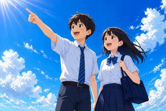 青い空に向かって目標を指し示す男子生徒と女子生徒。志望校合格や夢への一歩を象徴するデザイン