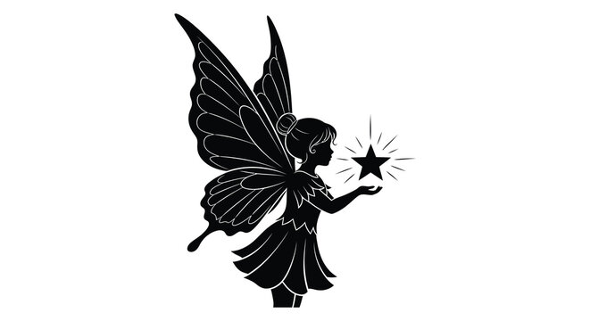 fairy silhouette holding star black and white illustration high quality professional detailed modern elegant stylish clean crisp vibrant colorful digital creative
