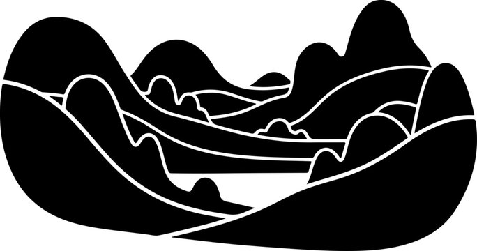 Black, minimalist landscape, mountain range silhouette, vector illustration, simple design