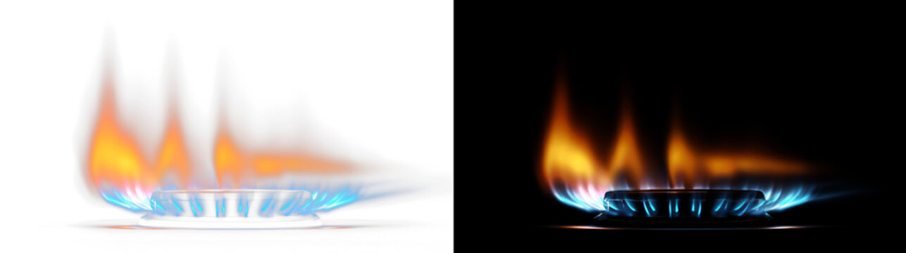 Realistic gas stove burner flame with blue and orange fire isolated on transparent background.